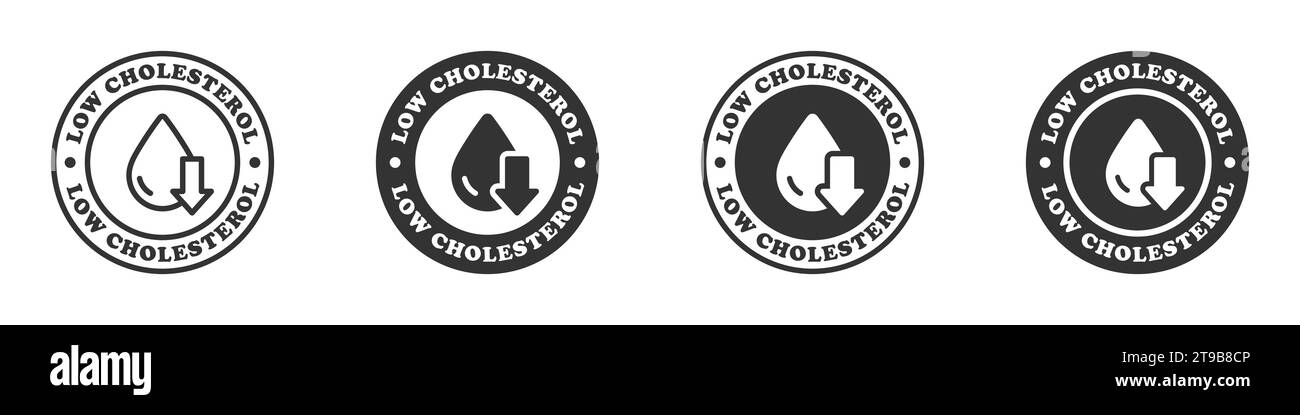 Icone di basso livello di colesterolo. Adesivi rotondi con scritte. Illustrazione vettoriale Illustrazione Vettoriale