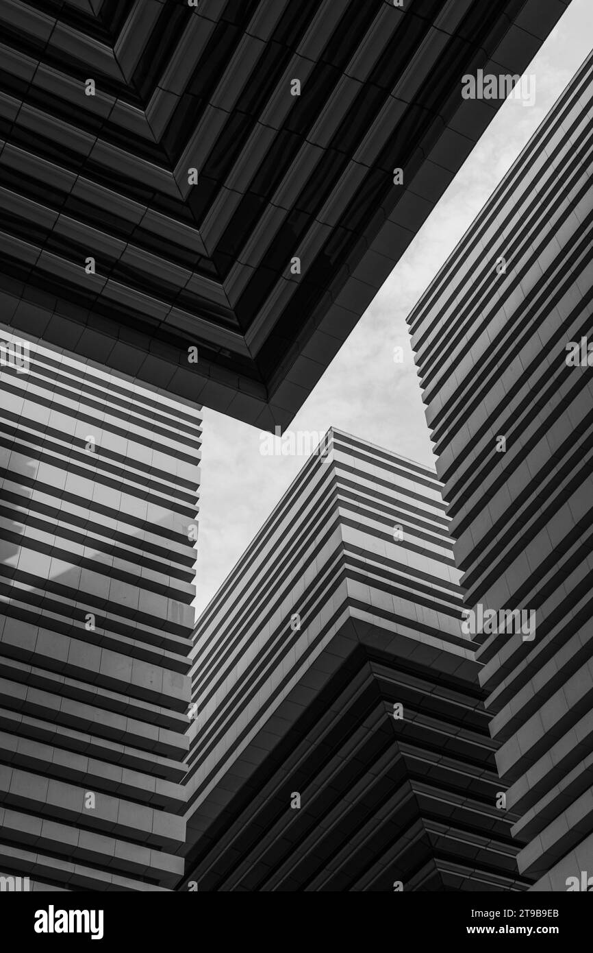 Un'impressionante foto monocromatica di Changzhou Cultural Plaza con una simmetria impressionante e forme geometriche Foto Stock