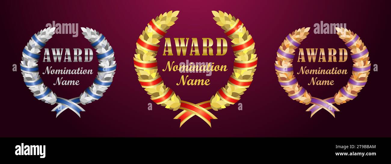Serie di premi. Design della tazza. Rami di alloro lucido con nastri decorativi. Ricompense 3D realistiche. Premio d'oro, d'argento e di bronzo. Modello medaglia. Rotondo Illustrazione Vettoriale