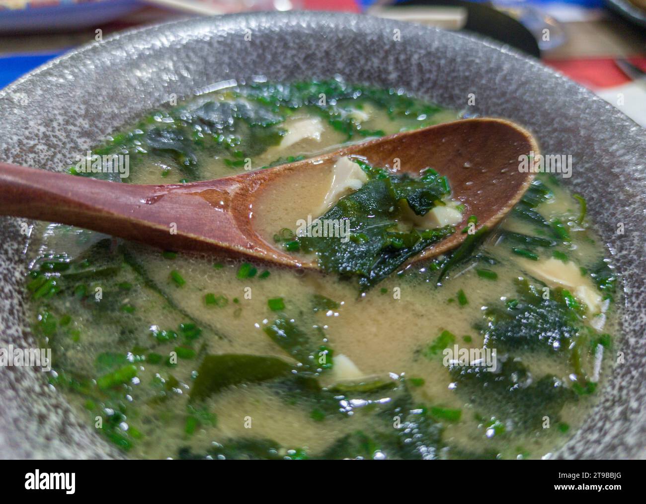 Zuppa di miso con alghe e tofu. Cucchiaio di legno su recipiente grigio Foto Stock
