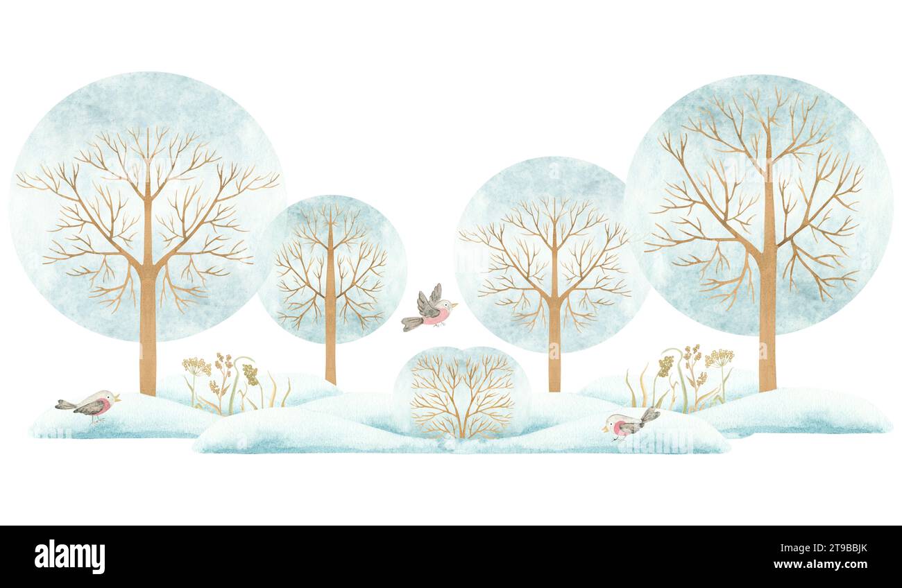Alberi invernali, arbusti, erba secca sulla neve, ciuffi di neve, sfondo blu acquerello. Illustrazione ad acquerello, isolare su sfondo bianco. Modello f Foto Stock