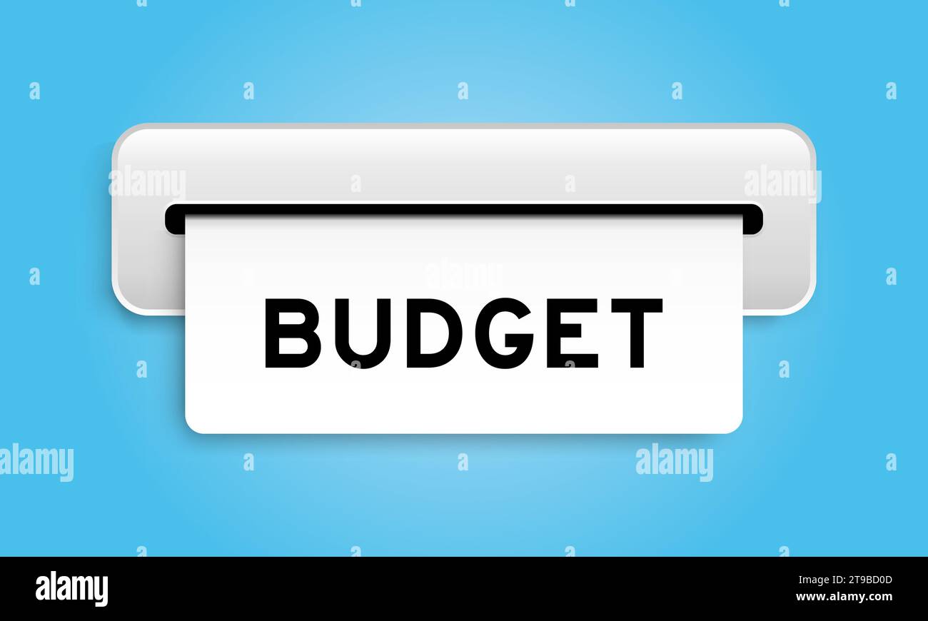 Banner coupon bianco con la parola budget della macchina su sfondo blu Illustrazione Vettoriale