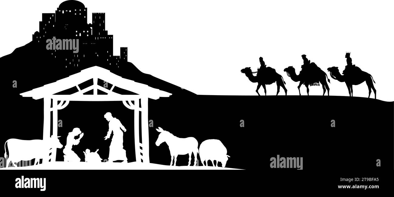 Presepe natalizio Bethlehem Manger Wise Men Illustrazione Vettoriale