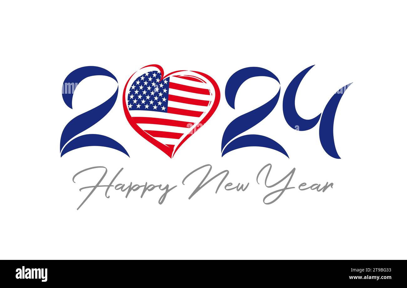 Banner creativo felice anno nuovo USA. Numero icona 20 24 con bandiera degli Stati Uniti e forma a cuore. Progettazione grafica. Festeggiamenti di stato. Illustrazione vettoriale. Illustrazione Vettoriale