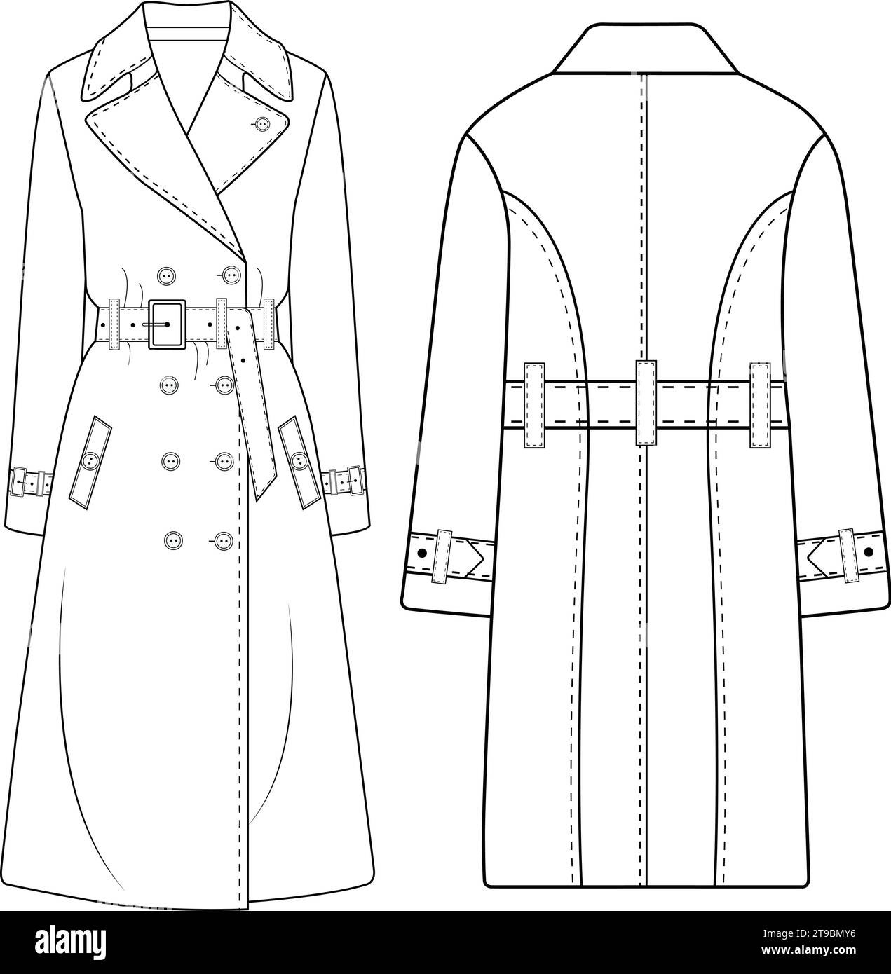 Trench doppiopetto da donna con design vettoriale, cappotto lungo da donna, illustrazione vettoriale, disegno tecnico piatto. Illustrazione Vettoriale