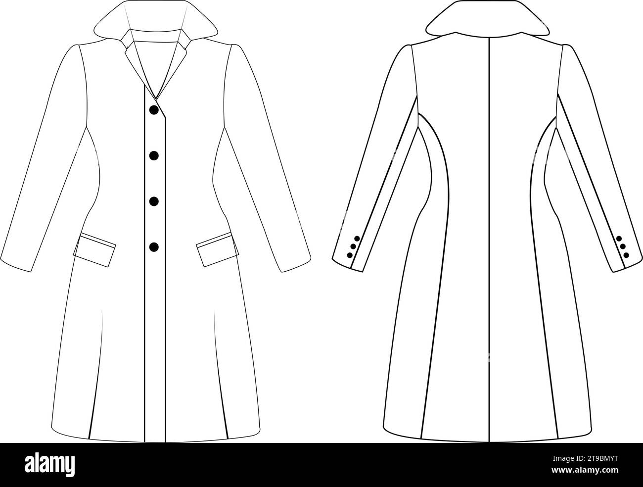 Trench doppiopetto da donna con design vettoriale, cappotto lungo da donna, illustrazione vettoriale, disegno tecnico piatto. Illustrazione Vettoriale