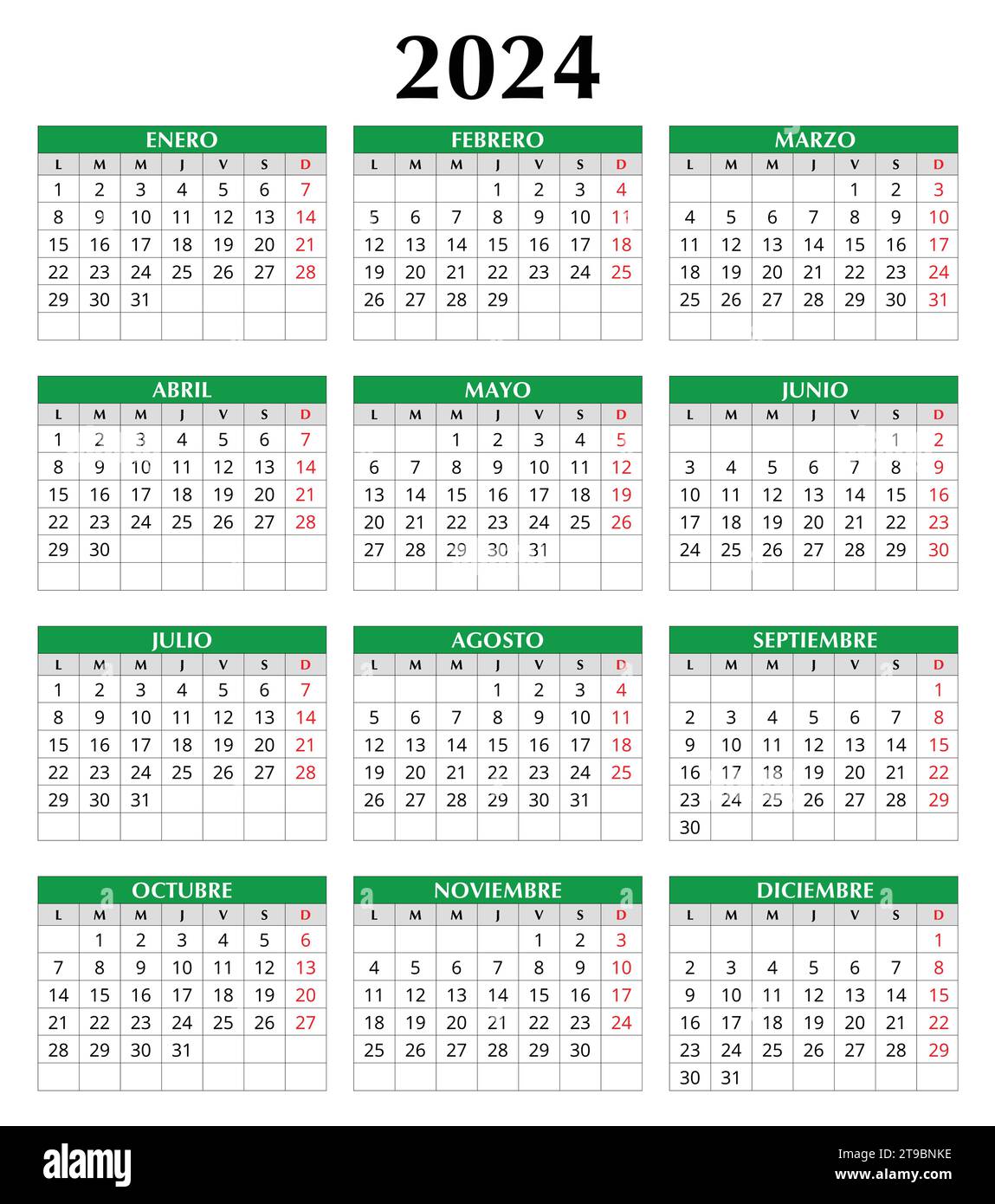 2024 anni di calendario spagnolo. Illustrazione del modello vettoriale in Spagna. calendario verticale Illustrazione Vettoriale