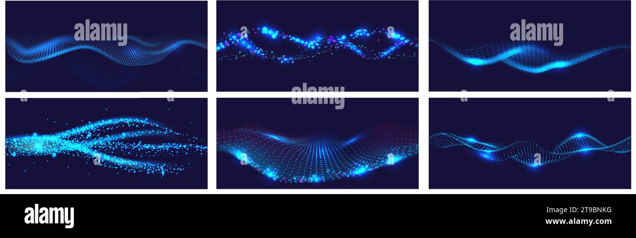 Sfondi banner per flussi di dati di grandi dimensioni. Particelle blu in movimento, flusso astratto futuristico e set di vettori di sfondo di onde cibernetiche Illustrazione Vettoriale