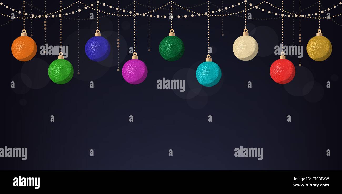 Banner con decorazioni dorate e palline natalizie con spazio per la copia, concetto per le vacanze Illustrazione Vettoriale