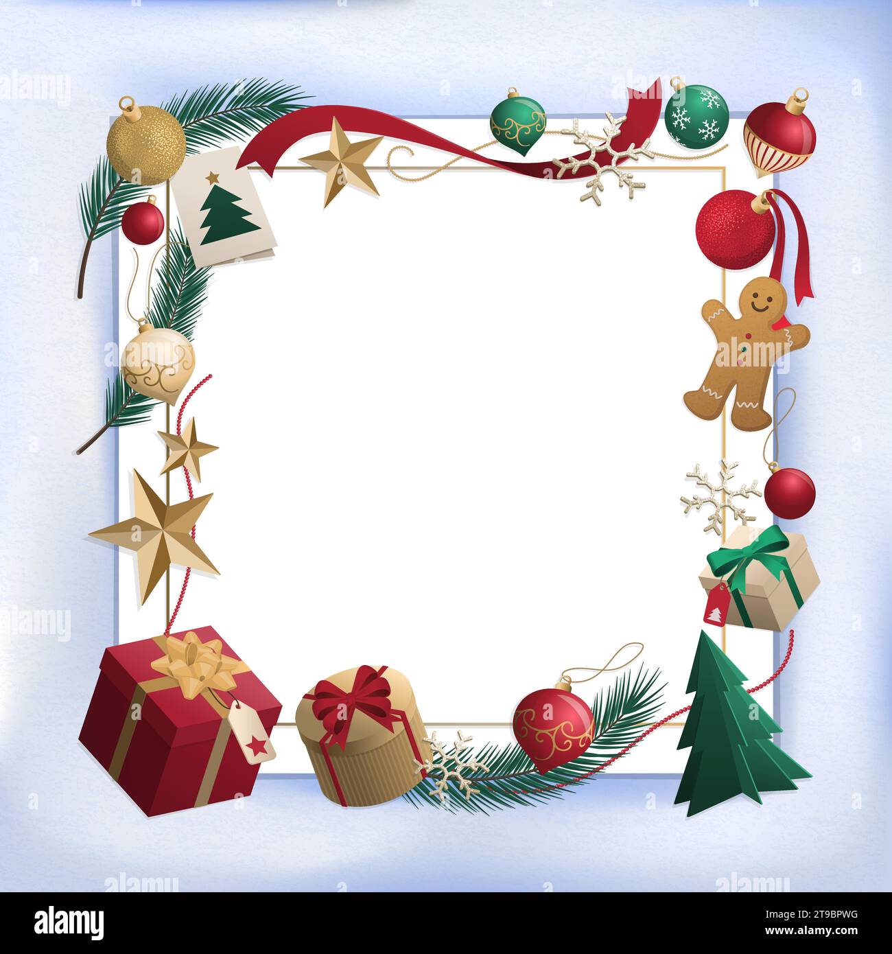 Cartolina natalizia con cornice composta da ornamenti e regali, spazio vuoto per le copie Illustrazione Vettoriale