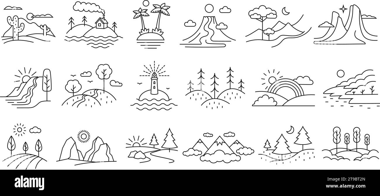 Paesaggi di line art. Il terreno naturale, i percorsi escursionistici e di viaggio delimitano il set vettoriale con tracciati di traccia modificabili Illustrazione Vettoriale
