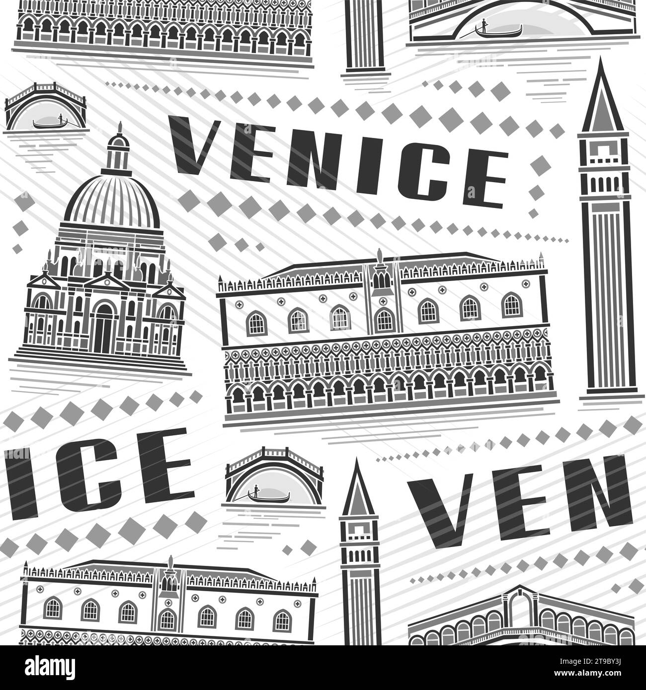 Vector Venice Seamless Pattern, sfondo a ripetizione quadrata con illustrazione del famoso paesaggio europeo della città di venezia su sfondo bianco, monocromo grigio Illustrazione Vettoriale