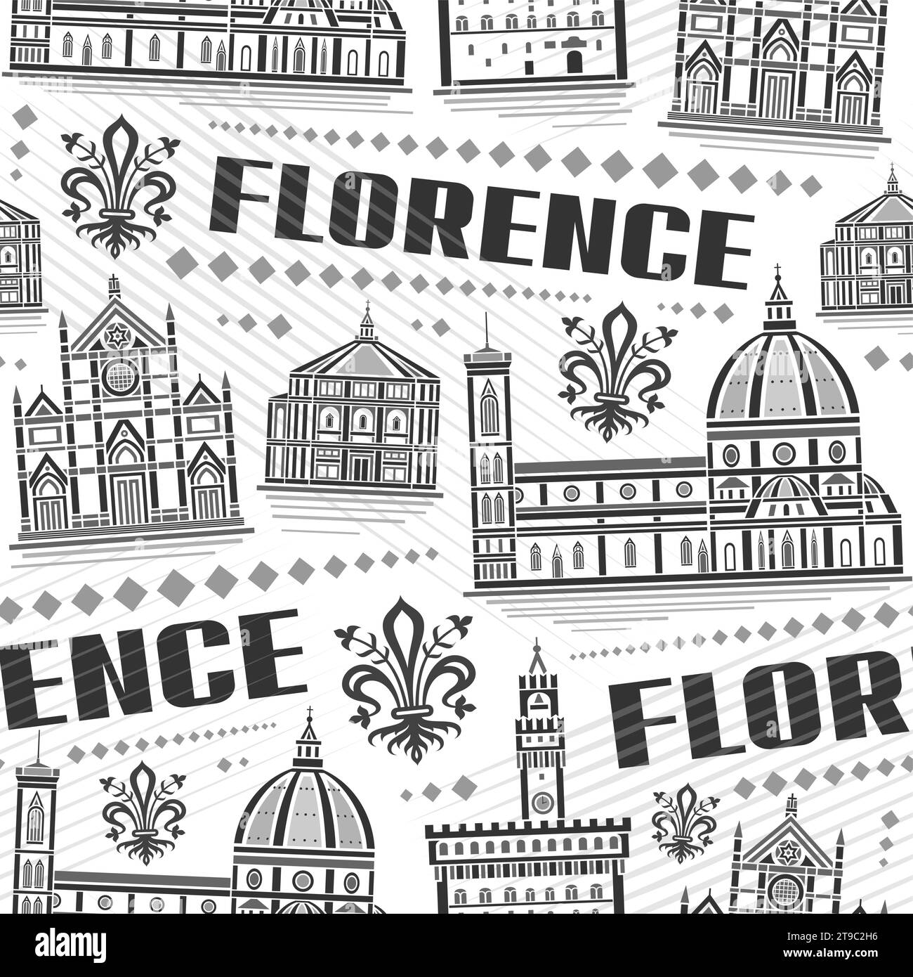 Modello Vector Florence senza cuciture, sfondo ripetuto con illustrazione del famoso paesaggio cittadino europeo di firenze su sfondo bianco, arte in linea monocromatica Illustrazione Vettoriale