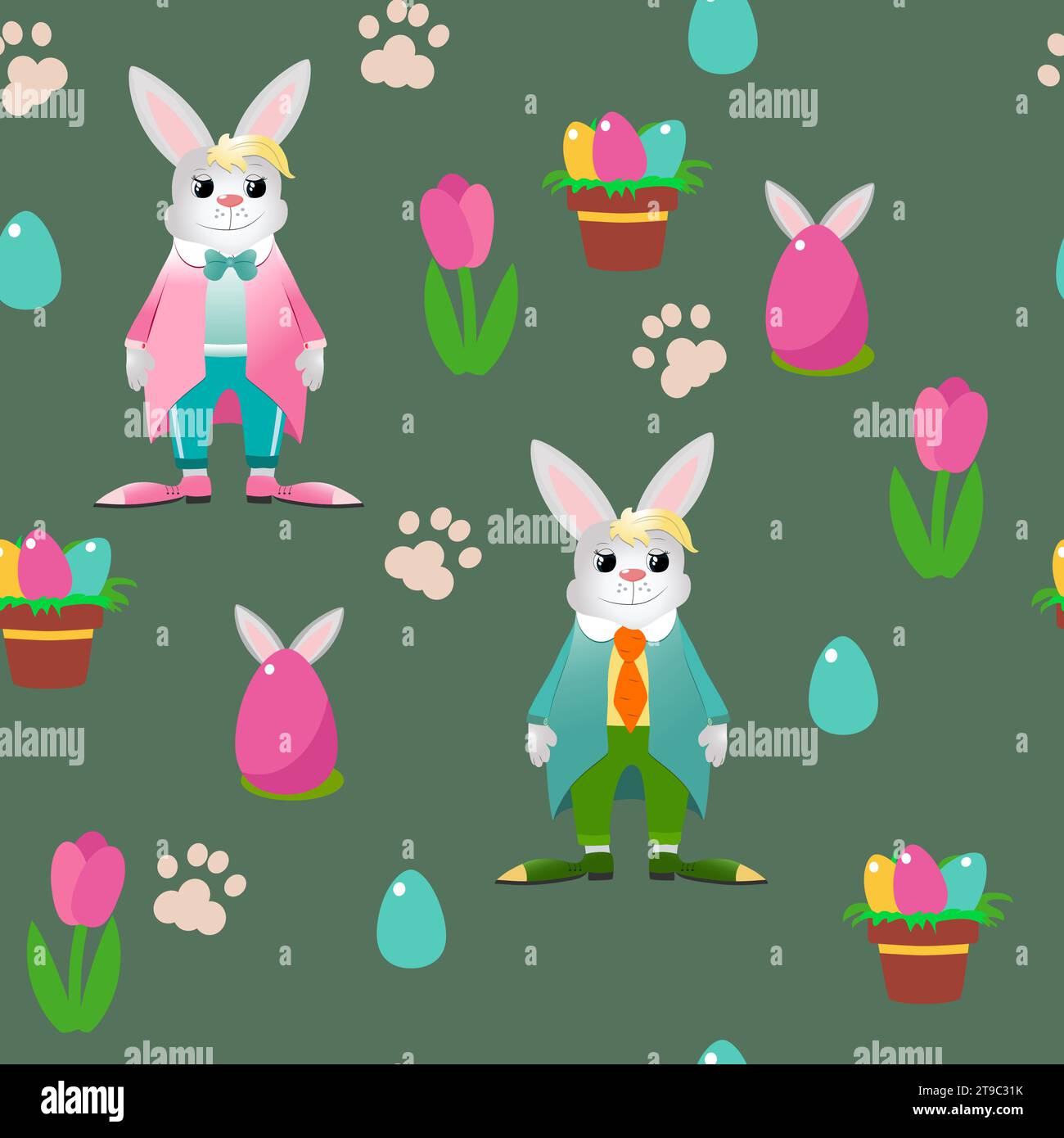 Coniglietto pasquale con motivo senza cuciture e uovo decorativo con orecchie, tulipano decorativo e impronta di coniglio su sfondo verde. Illustrazione Vettoriale