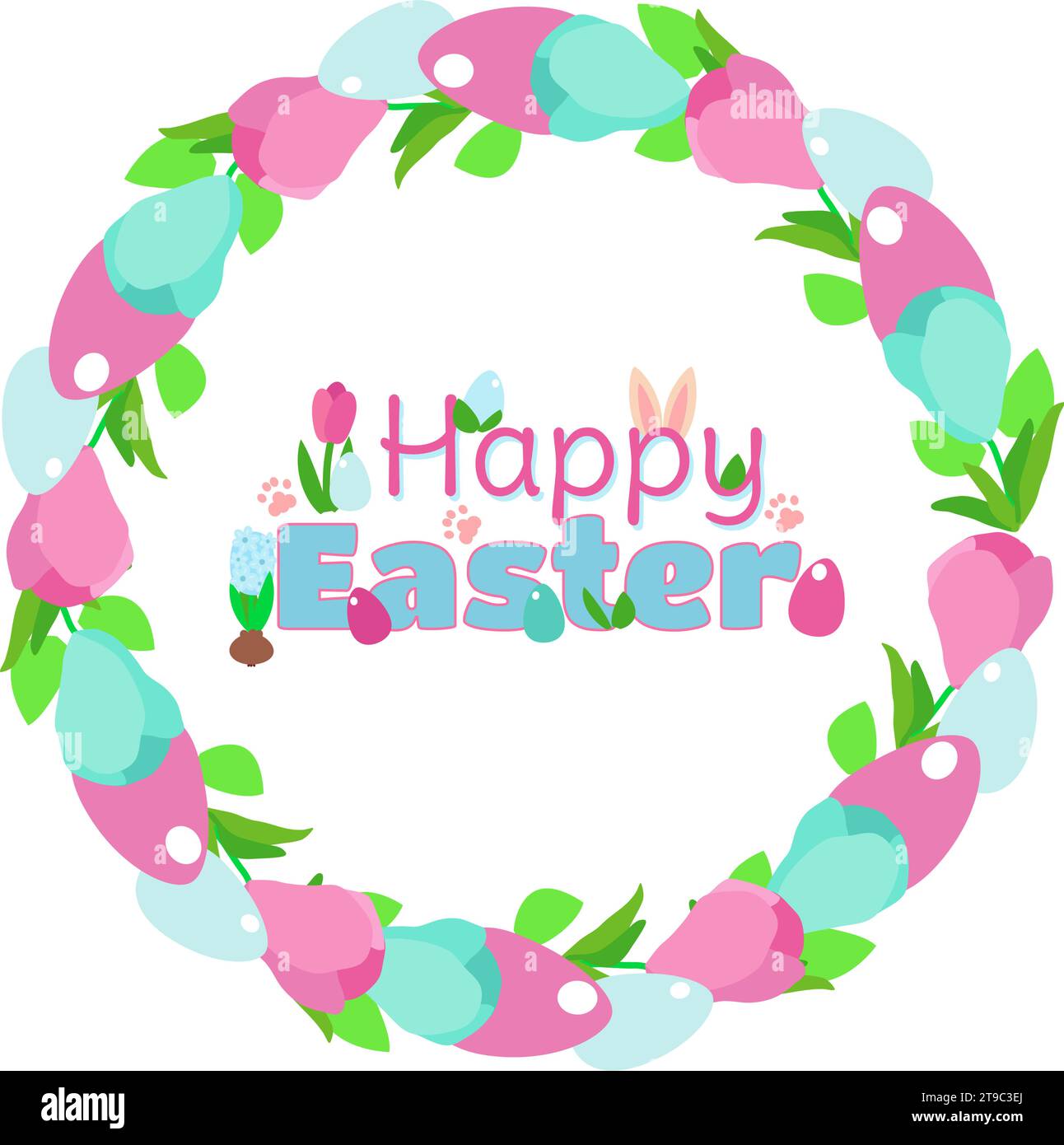 Ghirlanda pasquale di delicati crocchi rosa e blu e il colore celeste delle uova decorative. Testo di buona pasqua all'interno decorato con fiori primaverili, gr Illustrazione Vettoriale