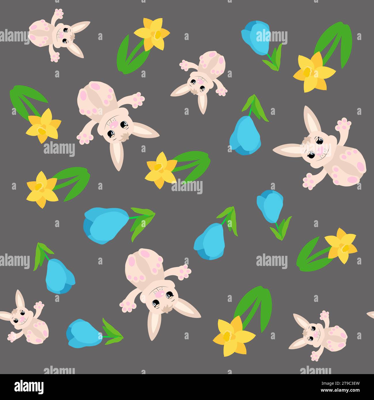 Crocche primaverili e coniglietti pasquali dal motivo senza cuciture. Ornamento pasquale per tessuti, imballaggi, sfondo in stile cartoni animati. Illustrazione Vettoriale