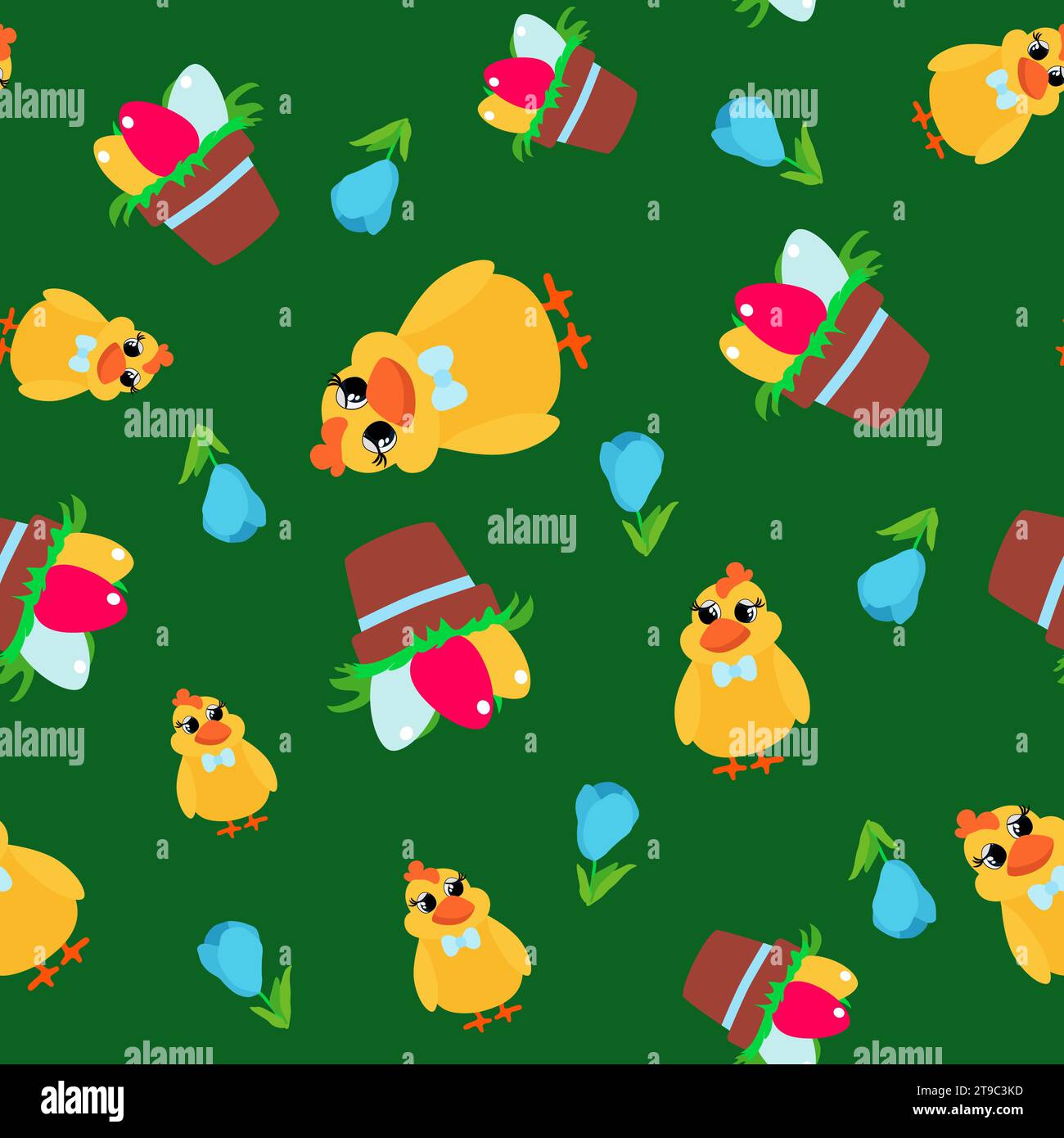 Motivo primavera senza cuciture con crocchi, uova di pulcino e Pasqua. Ornamento pasquale per tessuti, imballaggi, sfondo in stile cartoni animati. Illustrazione Vettoriale