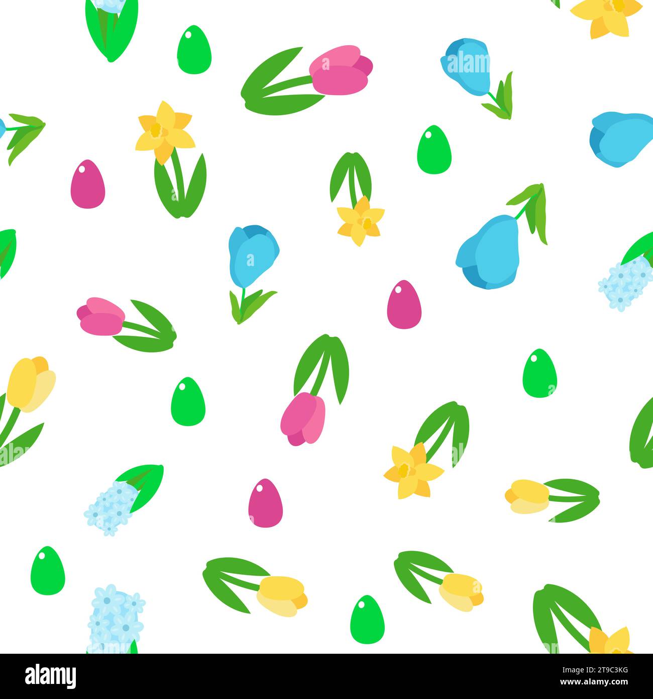 Tulipani, narcisi e crocchi gialli e rosa senza cuciture. Decorazioni pasquali per tessuti, imballaggi, design di sfondo in stile cartoni animati. Illustrazione Vettoriale