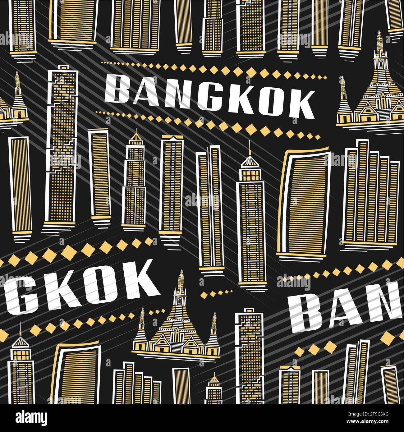 Vector Bangkok Seamless Pattern, sfondo ripetuto con illustrazione del famoso paesaggio asiatico della città di bangkok su sfondo scuro per carta da imballaggio e decorazioni Illustrazione Vettoriale