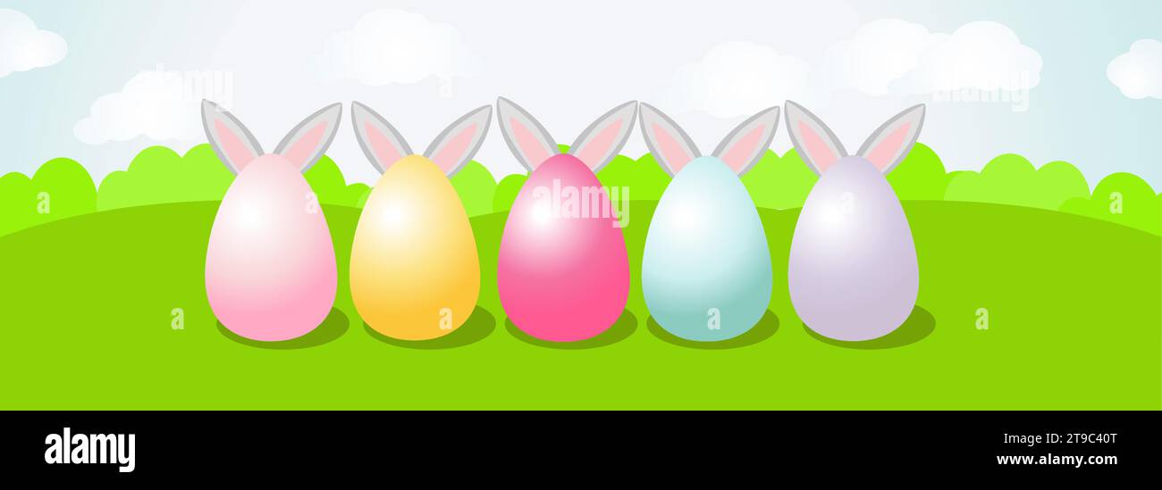 Grandi uova dipinte si stagliano sull'erba verde e le orecchie del Coniglio pasquale sporgono da dietro. Uno striscione orizzontale lungo. Illustrazione Vettoriale