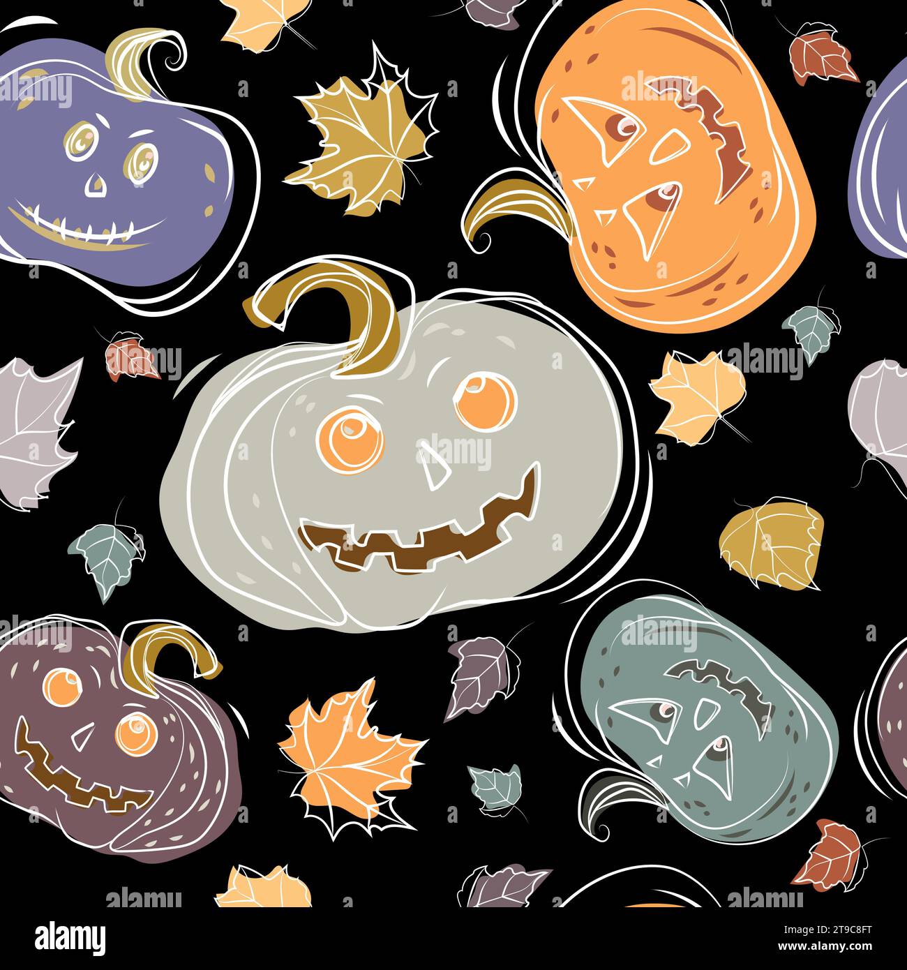 Motivo Halloween senza cuciture con lanterne zucche e foglie autunnali di diversi colori su sfondo nero. Sfondo natalizio con zucche per ha Illustrazione Vettoriale