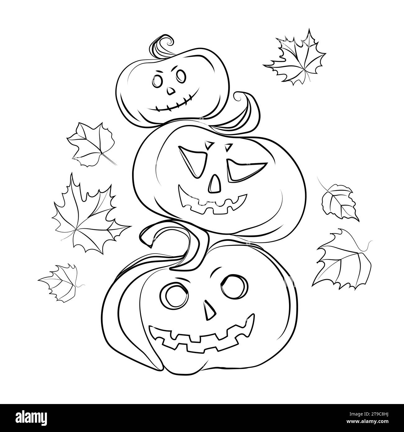 Zucche di Halloween disegno artistico della linea, schizzo in bianco e nero.zucche inquietanti e foglie autunnali sono elementi essenziali per un'illustrazione vettoriale di design natalizio Illustrazione Vettoriale