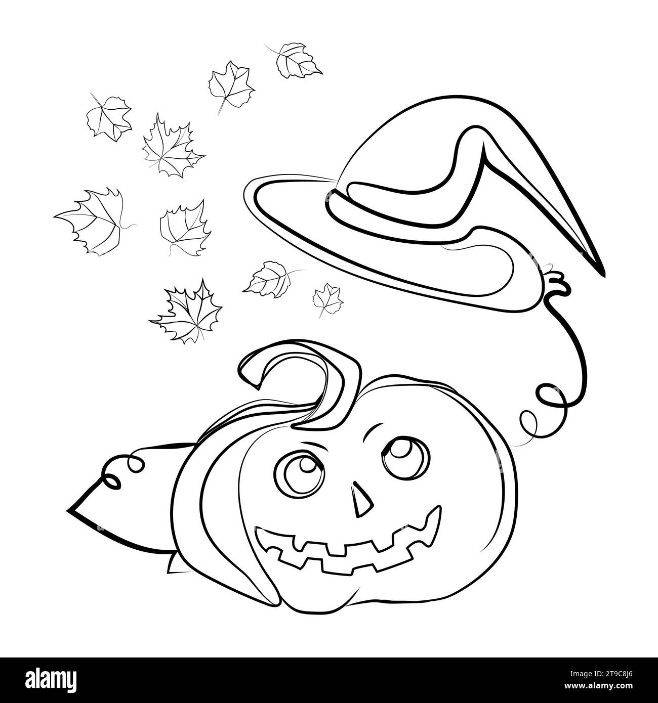 Jack o Lanterna zucca con cappello da strega e foglie autunnali che volano dal cappello illustrazioni astratte vettoriali isolate su bianco.disegno Halloween e Illustrazione Vettoriale