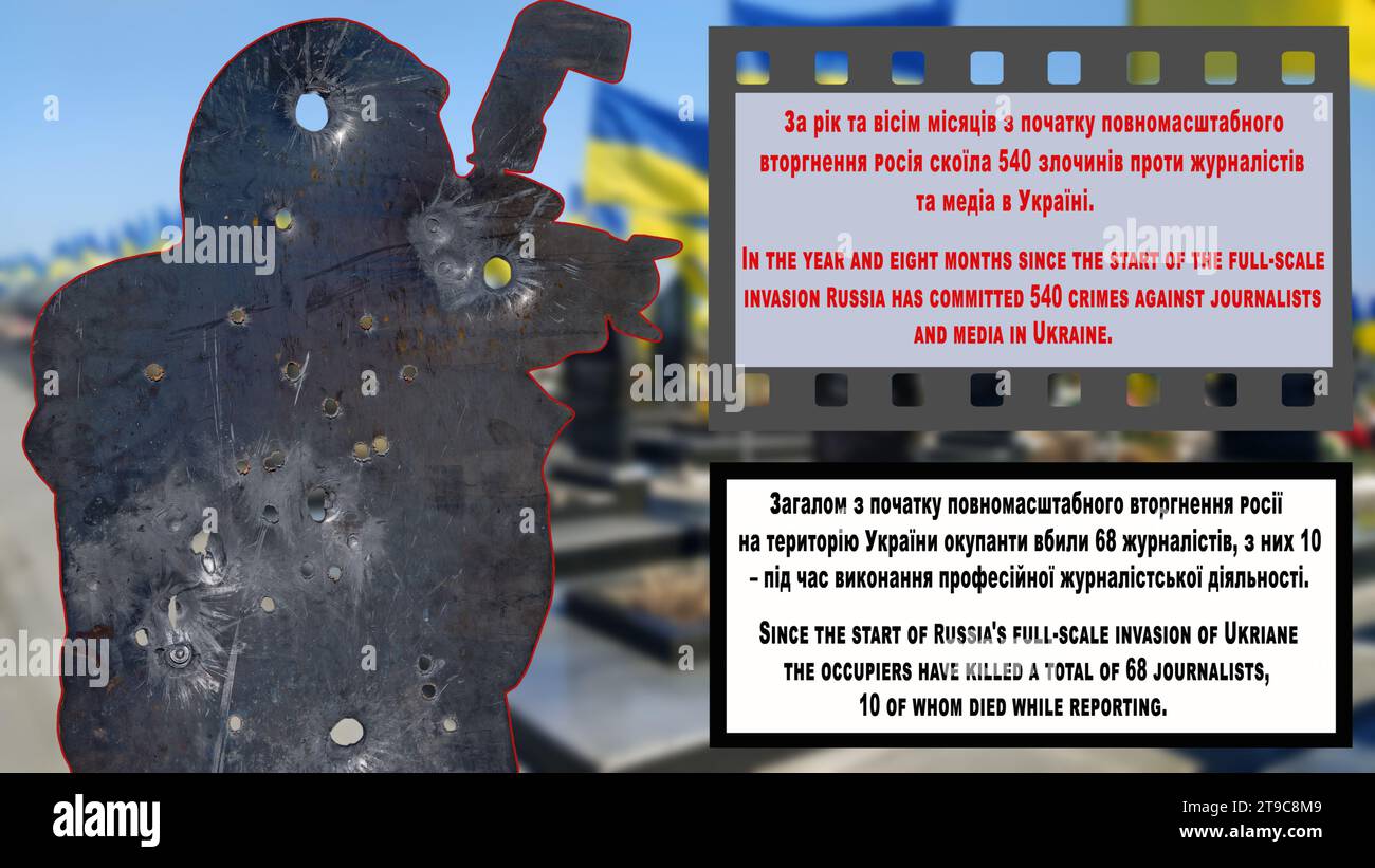 Dnipro, Ucraina - 17 novembre 2023: Dall'inizio dell'invasione russa su larga scala di Ukriane, gli occupanti hanno ucciso un totale di 68 giornalisti, 10 Foto Stock