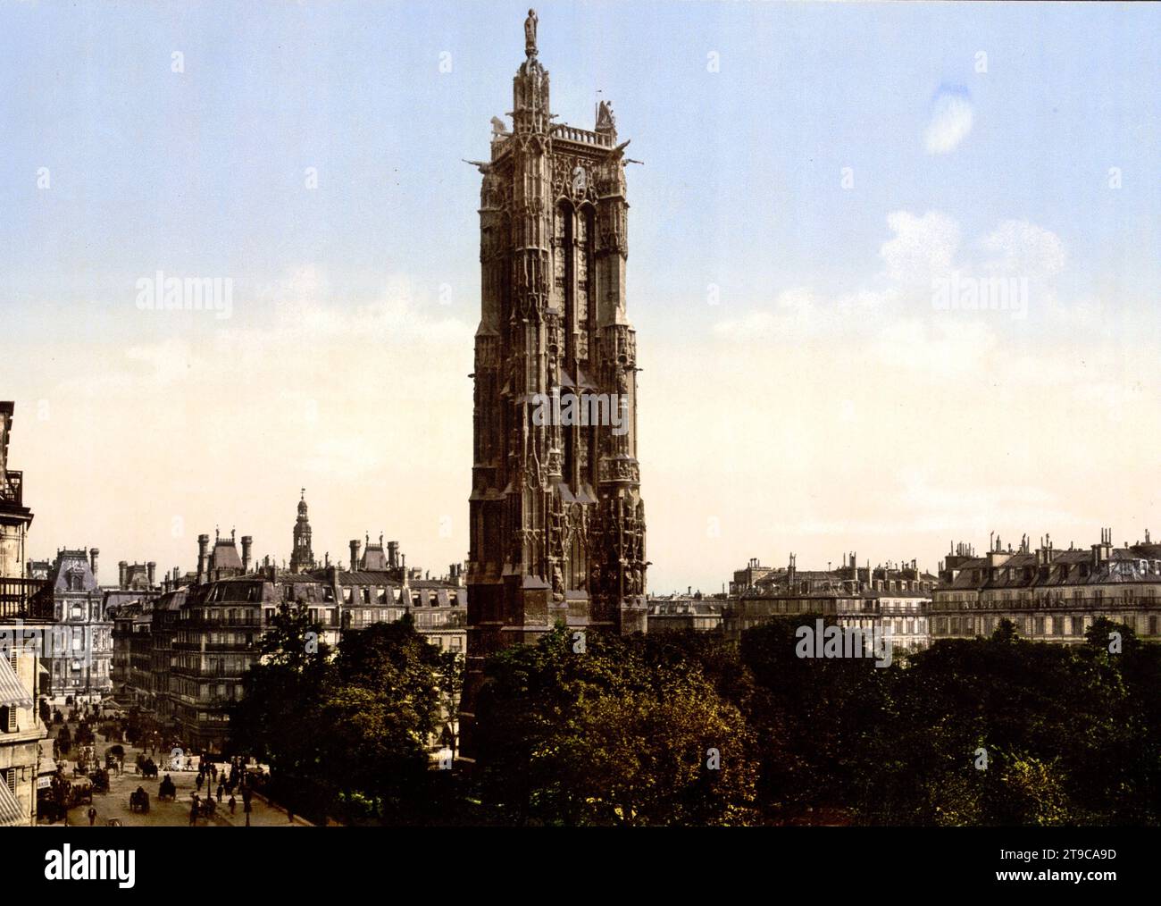 St. Jakobus-Turm, Tour Saint-Jacques, ein gotischer Turm im 4. Arrondissement, Paris, Frankreich, Historisch, um 1900, Digital restaurierte Reproduktion von einer Vorlage aus dem 19. Jahrhundert / St James' Tower, Tour Saint-Jacques, una torre gotica nel 4° arrondissement, Parigi, Francia, storica, 1900 ca. riproduzione restaurata digitalmente da un originale del xix secolo Foto Stock