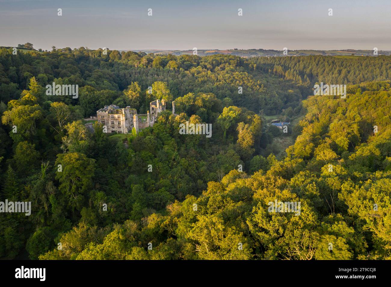Vista aerea del Berry Pomeroy Castle nel Devon, Inghilterra. Estate (agosto) 2021. Foto Stock