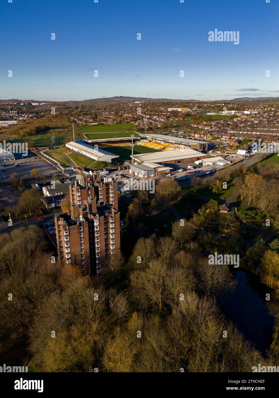 Port vale, vale Park Aerial Drone Winter 2023 DJI Mini 4 Pro Foto Stock