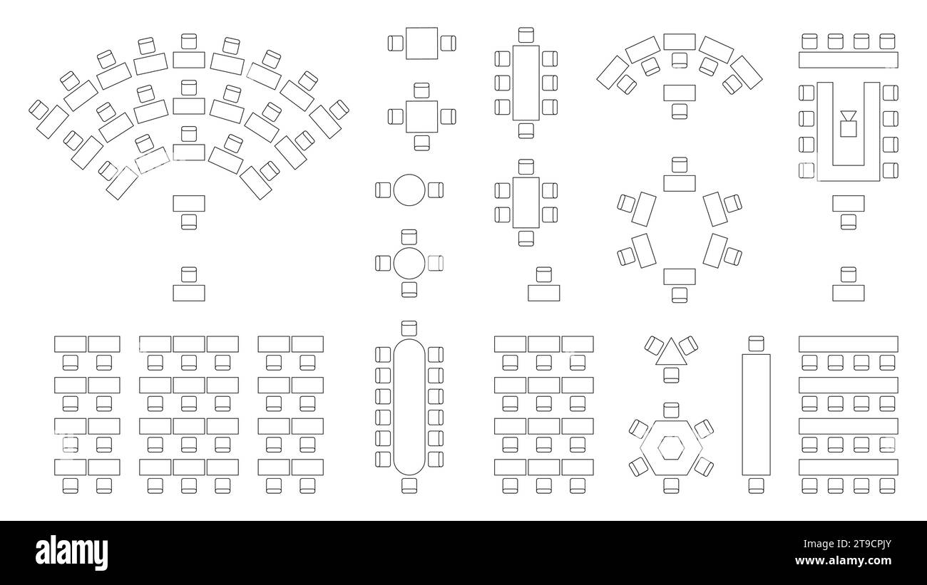 Disposizione dei posti a sedere per matrimoni. Sala per conferenze, banchetti e seminari, interni, sala conferenze e sala per seminari. Vista vettoriale dall'alto della disposizione dei posti a sedere per banchetti Illustrazione Vettoriale