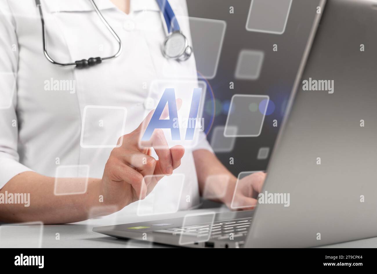 Medico che usa l'intelligenza artificiale. Intelligenza artificiale in medicina, salute, sanità. Concetto di tecnologia medica Foto Stock