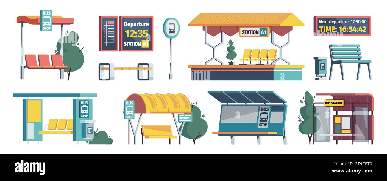 Stazione di trasporto Cartoon. Terminal ferroviario con posti in attesa, stazione metropolitana degli autobus e taxi con orari. Illustrazione della serie vettoriale della stazione di trasporto ferroviario Illustrazione Vettoriale