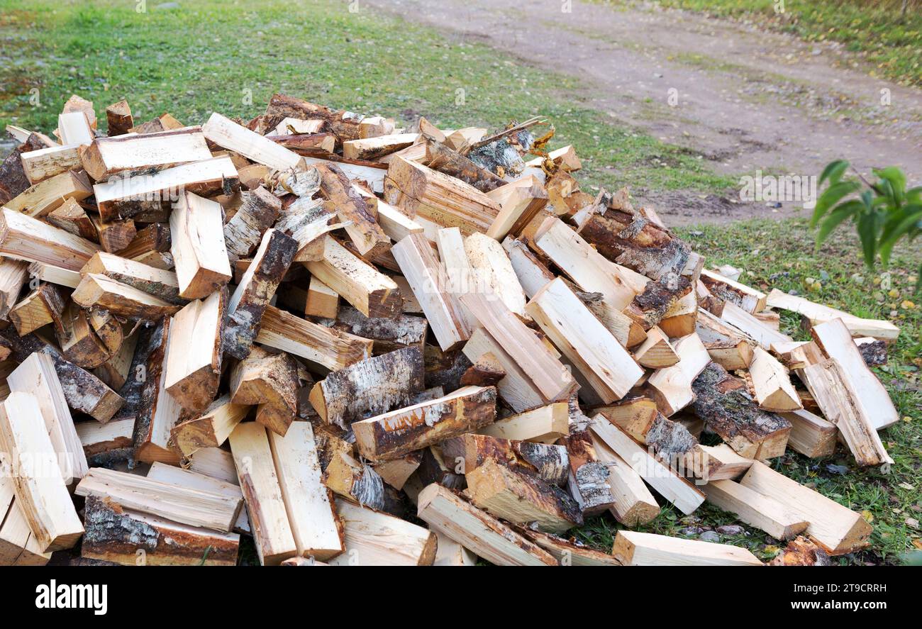Grande pila di legna da ardere. Legno di betulla per il riscaldamento di caminetti e forni. Foto Stock