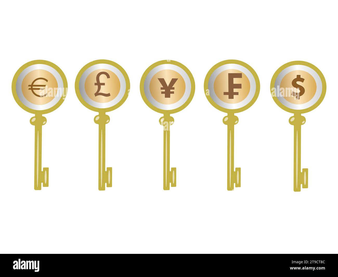Un set di cinque chiavi con valute diverse Illustrazione Vettoriale