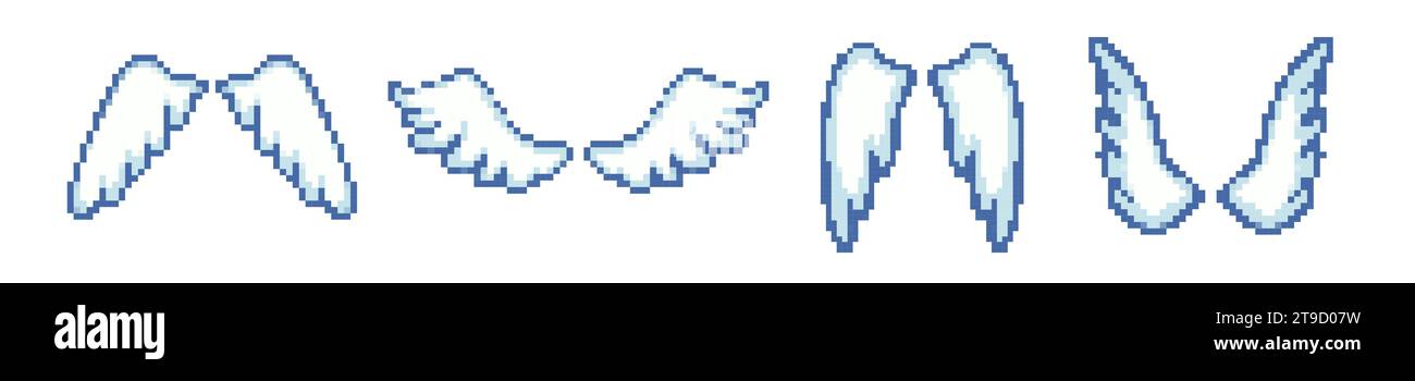 set di icone retrò con ali angolari a 8 bit. Pixel Old game cartoon Angel Wings Illustrazione Vettoriale