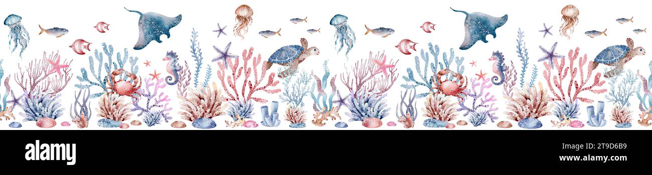 Animali marini confine senza cuciture. Illustrazione ad acquerello disegnata a mano di ornamenti subacquei su sfondo isolato. Coralli marini e conchiglie per bandiera. Foto Stock