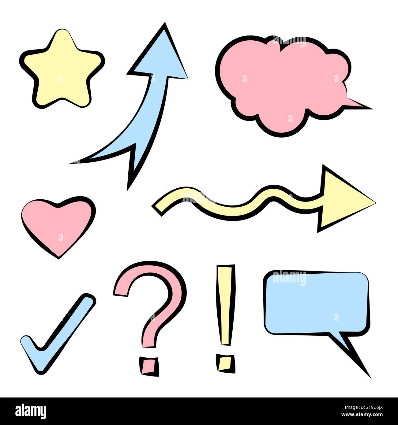 Segni e simboli su sfondo bianco. Illustrazione vettoriale in stile doodle. Illustrazione Vettoriale