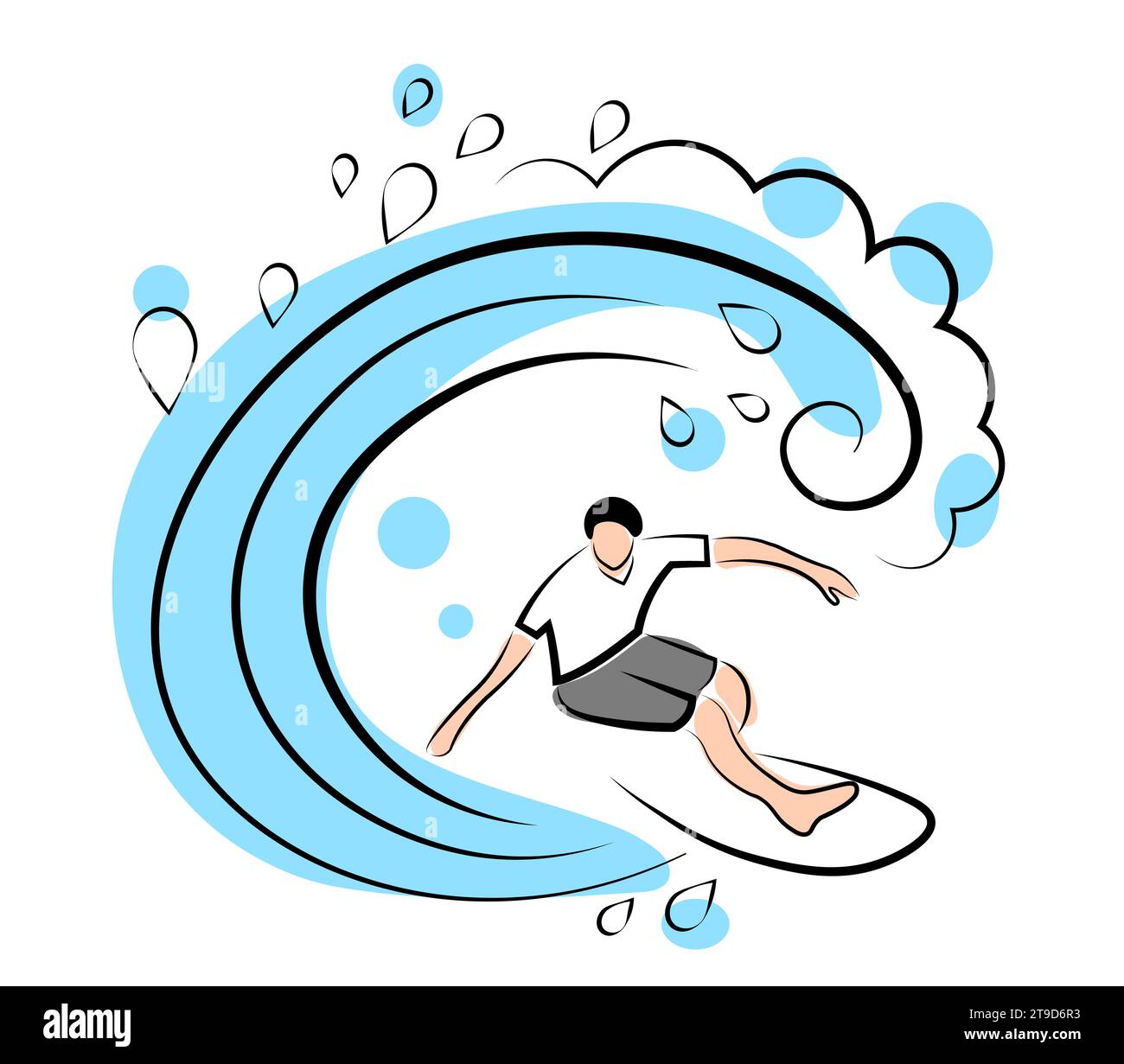 Il surfista cavalca sulla tavola. Tube in surf. Illustrazione vettoriale in stile doodle isolata su sfondo bianco Illustrazione Vettoriale