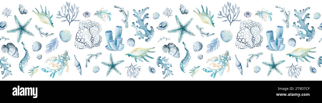 Confine sottomarino. Acquerello coralli e conchiglie su sfondo isolato per striscioni. Flora della natura marina oceanica. Ornam orizzontale sottomarino Foto Stock
