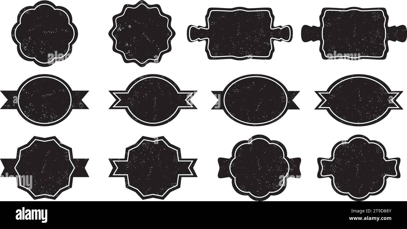 Set di adesivi testurizzati grunge, adesivi o cornici decorative vintage e retrò. Distintivo nuziale, adesivo di vendita o sconto, biglietto d'invito. Sistema vettoriale Illustrazione Vettoriale