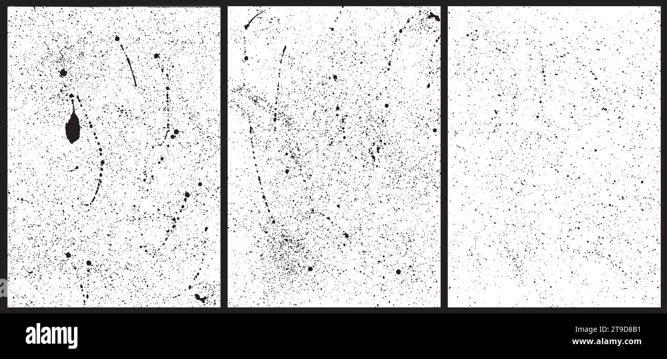 Set di texture spruzzi formato A4, tratti fatti a mano, schizzi di vernice reali. Tratti vettoriali di colore nero con spray, schizzi, gocce di inchiostro Illustrazione Vettoriale