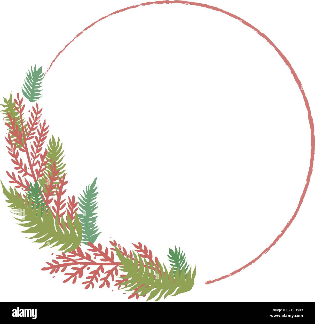 Corona di rami natalizi dai colori natalizi. Cornice rotonda botanica. Illustrazione vettoriale della corona natalizia, con spazio per testo e whi Illustrazione Vettoriale