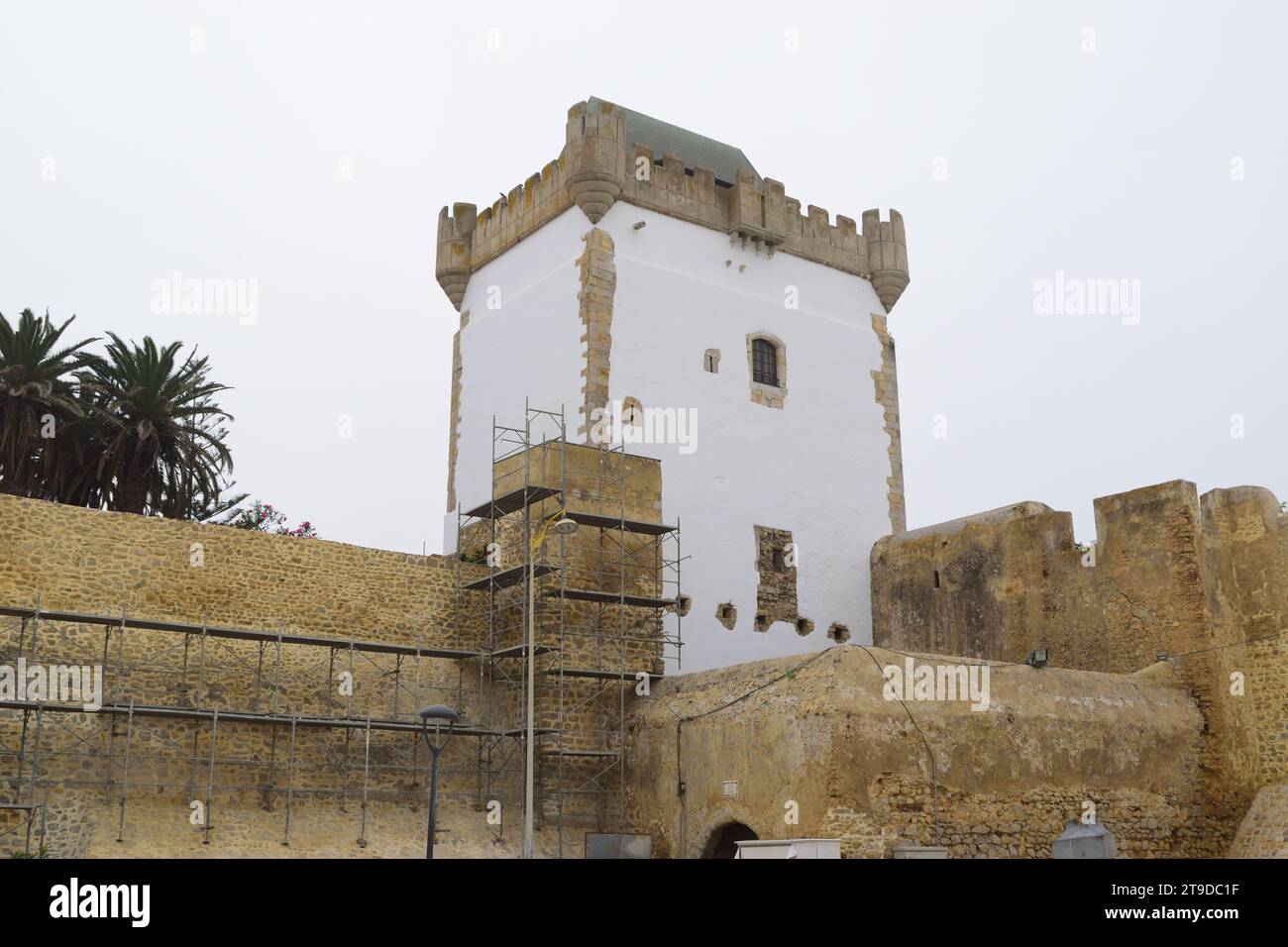 La foto non curata mostra impalcature per il rinnovo e la ristrutturazione di vecchi edifici storici, le mura della torre del castello Foto Stock