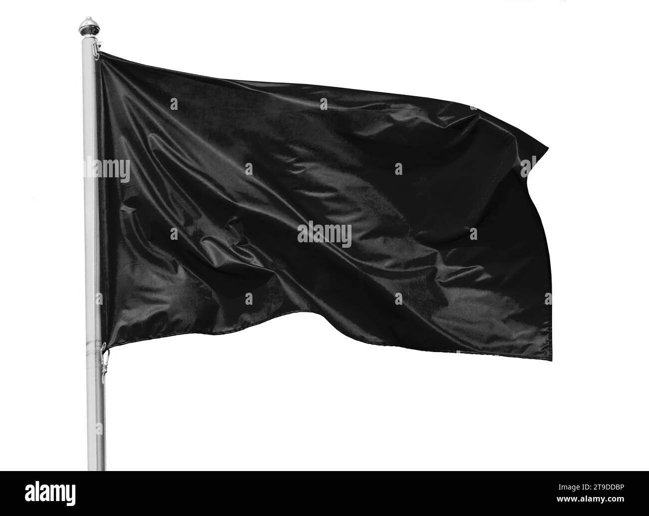 Bandiera nera che sventola nel vento su asta, isolata su sfondo bianco, primo piano Foto Stock