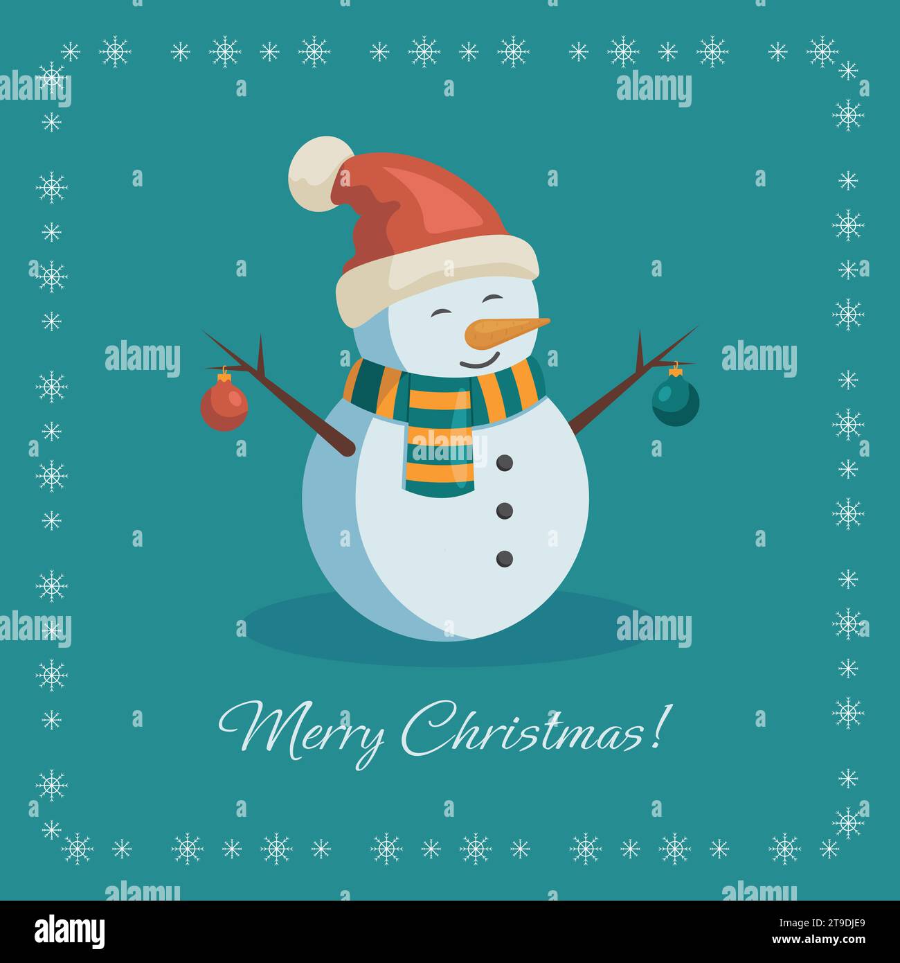 Buon Natale. Felice anno nuovo. Cartolina di Natale con il pupazzo di neve in un cappellino di Capodanno e una cornice di fiocchi di neve. Illustrazione vettoriale in stile piatto. Illustrazione Vettoriale