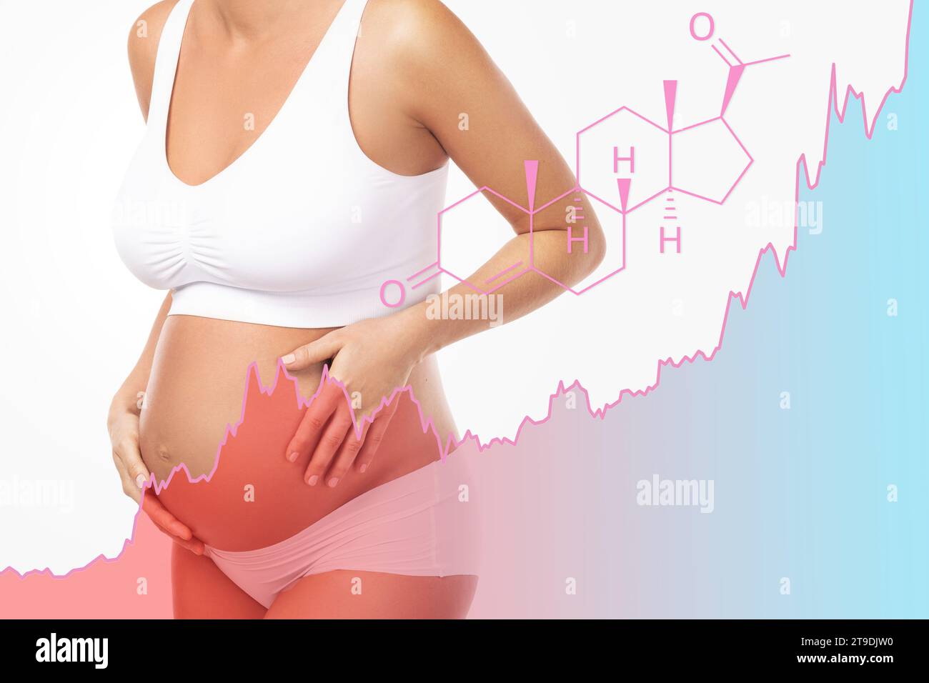 Giovane donna incinta e grafico crescente del livello ormonale progesterone durante la gravidanza Foto Stock