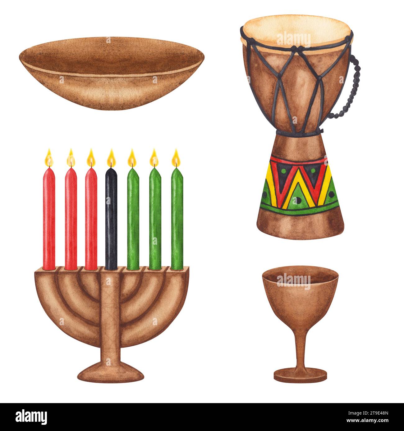 Insieme di elementi Kwanzaa. Kinara, sette candele brucianti, tazza, tamburo, calice. Vacanze afro-americane. Illustrazione ad acquerello disegnata a mano isolata Foto Stock