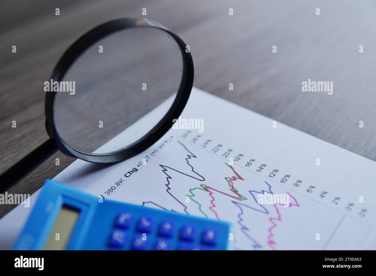 Immagine ravvicinata della calcolatrice, della lente di ingrandimento e del grafico a linee. Analisi di dati e finanza, business intelligence e concetto di tendenze. Foto Stock